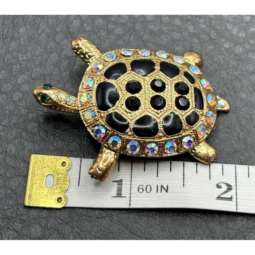 Rhinestone Turtle Pendant Brooch Black AB Aurora Borealis Crystal Gold Tone